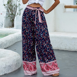 Vintage Pants Women Floral Print Wide Leg Bohemian Pants Ladies Sashes Loose Rayon Boho Long Pants M Size Navy Blue (4)