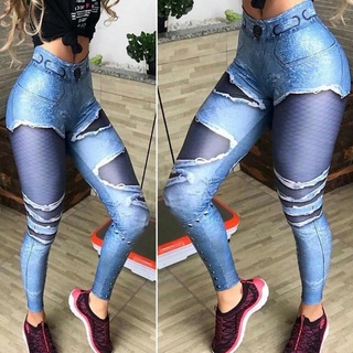 Sexy Mujer Leggings denim Impresión Jeans Cintura Alta Elástico Pantalones Running Push Up (4)