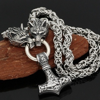 New High Quality Retro Nordic Men's Viking Wolf Head Steel Chain and Thor's Hammer Pendant Necklace Viking Men's Amulet Jewelry Gift