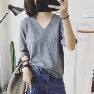 primavera y verano nuevo clásico cuello en v suéter coreano suelto casual manga media camiseta tamaño medio gran estiramiento (6)