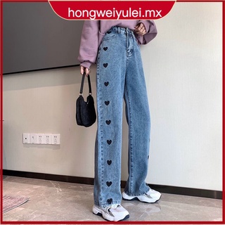 【HONG WEI】Amor impreso Jeans de las mujeres s ancho de la pierna pantalones de cintura alta era delgado coreano estudiante salvaje pantalones rectos