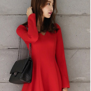 *QS Slim-fit Dress V-neck Long Sleeve A-line Dress Patchwork Elegant For Women