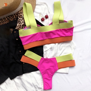 Conjunto De Bikini De Contraste De Empalme Colorido Para Mujer/Traje De Baño De Dos Piezas Con Aros (5)