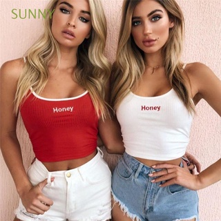 SUNNY Hot Tank Crop tops Sexy Camisola de elastico Chaleco sin mangas Mujeres Verano Casual Blusa Bordados "cariño" Carta/Multicolor