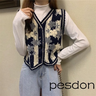 Whe-recente ventas calientes mujeres bloque de Color chaleco de punto, adultos de un solo pecho flor bordado patrón cuello en V suéter (2)