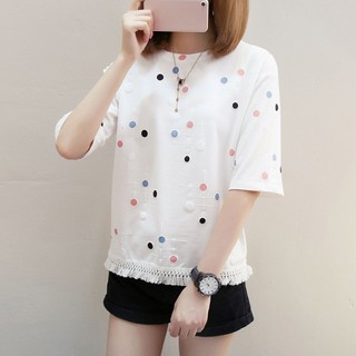 Mujeres verano camisetas lunares manga corta borlas dobladillo suelto Casual femenino Tops