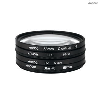 andoer 58mm uv+cpl+close-up+4 +star filtro de 8 puntos circular filtro polarizador filtro macro close-up star 8 puntos filtro con bolsa para nikon canon pentax sony dslr cámara