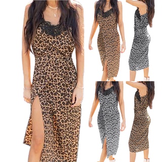Women Fashion Casual Sling Leopard Print Lace Splicing Split Dresst Dress
