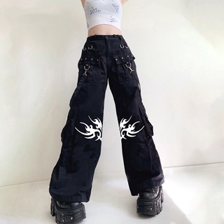 Pantalones de carga gótico punk Y2K pantalones de piernas anchas de cintura baja e - Girl grunge emo alt ropa de calle retro femenina