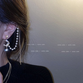 Pendientes largos de plata 925 con aguja, estrella y luna, diamantes y perlas, clip de una sola oreja, clip de hueso de oreja integrado, aretes de moda rojos netos
