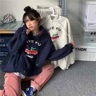 2021 otoño coreano harajuku estilo más el tamaño de la moda impreso terciopelo sudadera con capucha de manga larga ins mujeres de gran tamaño sudadera jersey de lana