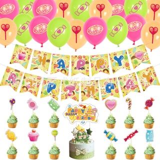 dulce caramelo donuts piruleta tema feliz cumpleaños fiesta decoraciones conjunto lindo pastel topper bandera niños fiesta suministros de alta calidad (7)