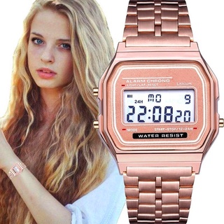 Listo Stock!! moda Unisex hombres mujeres relojes deportes LED Digital reloj de acero inoxidable oro rosa reloj de pulsera Stop Watch
