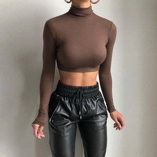 2021 New Women Long Sleeve Crop Top t-shirt Spring Fall Ladies High Neck Slim Fit Tee Shirts Solid Casual Basic Tops Female