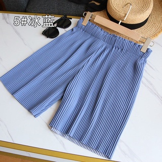 LA-pantalones cortos plisados de verano para mujer, cintura elástica Casual, Color sólido, pierna ancha (8)