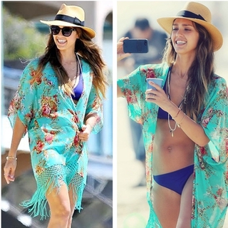 Female Green Beach Sun proteção Clothing chifón Tassel Coat Beach Holiday chifla Beach Sunscreen Blouse