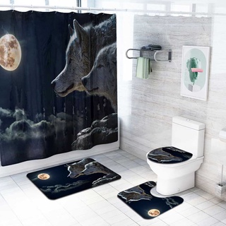 cortina de ducha impresa animales + alfombrilla de baño antideslizante + alfombra en forma de u + alfombrilla de inodoro