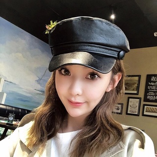 Otoño Invierno sombrero mujer estilo coreanoPUGorra de cuero para estudiante, gorra de marinero, boina a juego, gorra de moda Casual