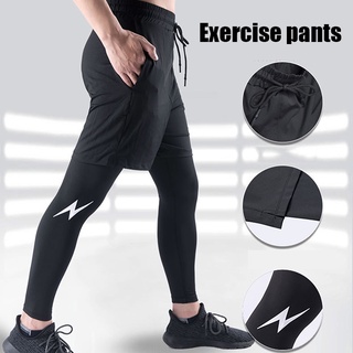 Fake Two-Piece Sports Pants Bodybuilding Sport Drawstring Quick-Dry Men Stretch Fitness Breathable Running Pants Gym