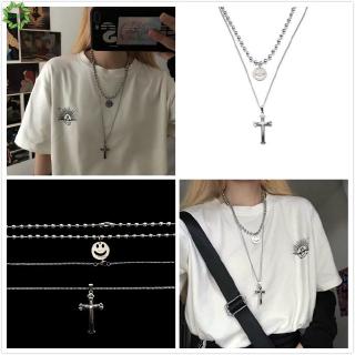 Qipin collares de cadena de doble capa con colgante de cruz sonriente regalos para mujeres/mujeres