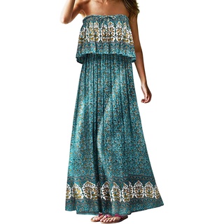 Women's Summer Strapless Long Dress Beach Bohemian Floral Print Holiday Dress