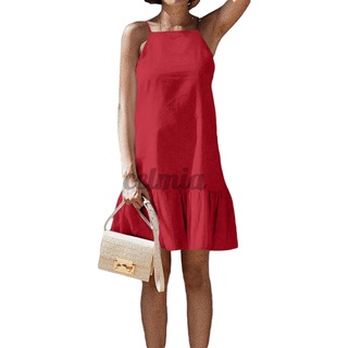 Celmia Womens Casual Summer Sleeveless Sling Solid Ruffle Hem Mini Dress