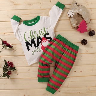 ╭trendywill╮Toddler Kids Boy Girl XMAS Letter Santa Striped Print T-shirt+Pants Outfits Set
