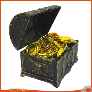 [PRETTYIA] Antiguo cofre del tesoro con monedas de oro y joyas piratas joyeria caja de almacenamiento