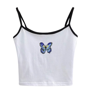 Kobreat mujer Casual mariposa impreso elasticidad ombligo en forma de U chaleco Top