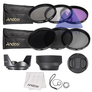 Andoer Kit de filtro de lente de 55 mm UV+CPL+FLD+ND (ND2 ND4 ND8) con bolsa de transporte, tapa de lente, soporte para tapa de lente
