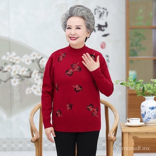 Mujeres de mediana edad y de Tercera Edad Otoño e Invierno usan el suéter de la abuelita suéter de lana engrosado de manga larga de cuello alto de edad avanzada Base suéter de lana madre