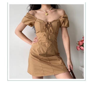 2021 Summer New French Retro Square Collar Lace-up Puff Sleeve Khaki Dress Slim Fit Sexy A-Word Skirt (9)