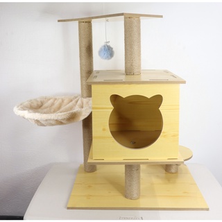 Casita rascadora para gato forrado 3 niveles con base madera medidas 50*38*70cm con caja individual color amarillo (2)