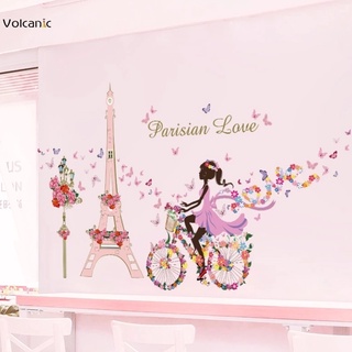 pegatina de pared de la torre eiffel rosa parís flor hada niña montando una bicicleta con flores mariposa pvc papel pintado