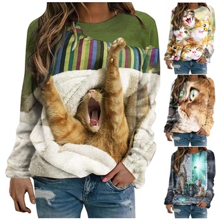 leiter_fashion - suéter de manga larga para mujer, diseño de gato suelto, cuello redondo, con tapa de lana