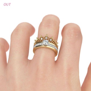 Out 2 piezas anillo de corona para mujeres corte redondo anillo de boda chapado en oro circonita cúbica anillos de compromiso banda joyería de moda
