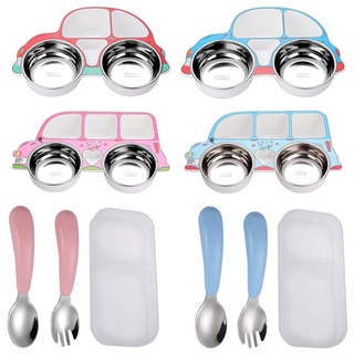 Children Tableware Set Stainless Steel Dishes Baby Feeding Plate Spoon Fork Cute Cartoon Car Shape Bowl