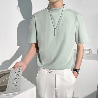 Medio cuello alto t-shirt masculino guapo de manga corta color sólido ropa de la juventud tendencia coreana media manga camiseta base camiseta camiseta