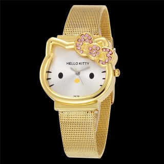 Reloj de pulsera de cuarzo de acero inoxidable de oro Hello Kitty para niñas/reloj de pulsera con diamante de dibujos animados mejor