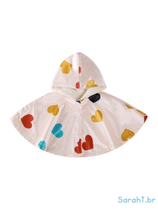 Sara-Baby's Cloak, Warm Heart Print Button Hooded Cloak Outwear for Birthday