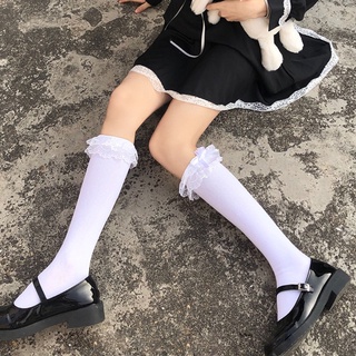 WIT Women Girls Sweet Lolita Black White Knee High Socks Bowknot Ruffled Frilly Lace Trim Japanese Student Cotton Stockings (3)