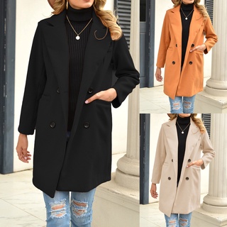Abrigo largo De lana para mujer con solapa color sólido