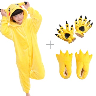 Franela niña pijamas de dibujos animados ropa de dormir de invierno Onesies niños ropa de dormir de los niños mono Pikachu Cosplay disfraz con zapatos