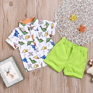 Toddler Kids Baby Boy Short Sleeve Cartoon Pattern Shirt Tops+ Denim Pants Set