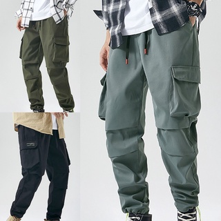 fanghuay hombres pantalones de Color sólido tobillo atado verano Multi bolsillos cordón pantalones para deportes