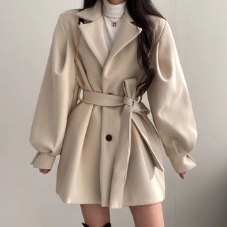 coreano-stylechiotoño e invierno nuevo estilo retro todo-partido elegante traje cuello cintura hermético linterna manga media longitud abrigo mujeres (5)