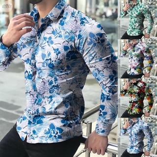 Camisa impresa blusa de viaje botón abajo Casual Floral manga larga para hombre