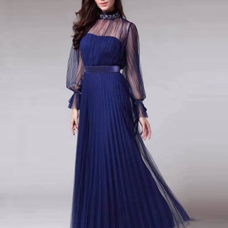 Azul temperamento vestido de noche banquete estilo largo por lo general desgaste de manga larga de malla maxi vestido