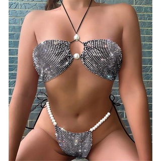 ❥Xx❁Bikini Sexy de dos piezas para mujer trajes de moda de perforación caliente Halter Tops y tanga de cintura media