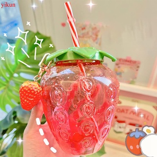 Yikun verano botella de agua de dibujos animados Kawaii fresa paja taza de plástico taza encantadora niña leche té café taza estudiante portátil vaso de agua